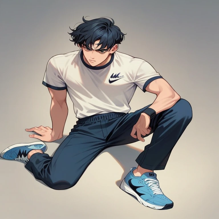 Skinny black hair barber wearing blue Nike sneakers