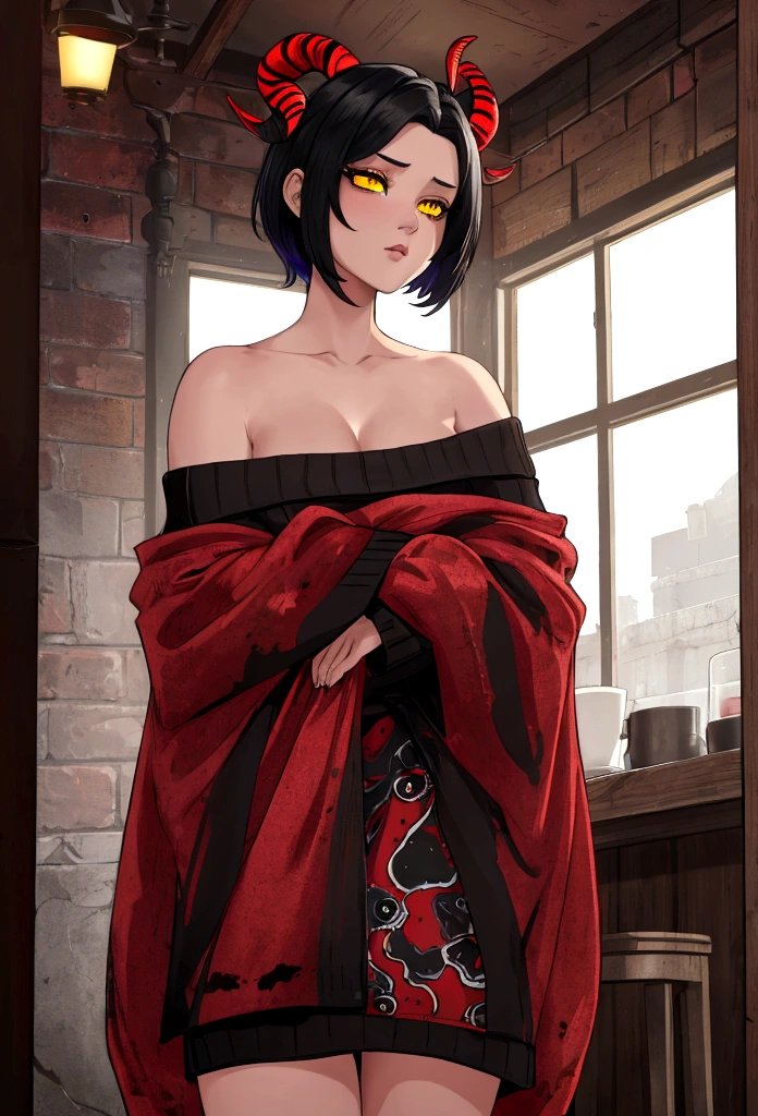A demonic girl with red skin and black and white spots all over her body, wearing a long dark gray off-shoulder sweater, with yellow eyes, fantasy anime style, dark wine red short hair, short cafe setting, goat legs, best quality, 4k, 8k, highres, masterpiece:1.2, ultra-detailed, realistic, photorealistic, photo-realistic:1.37, HDR, UHD, studio lighting, ultra-fine painting, sharp focus, physically-based rendering, extreme detail description, professional, vivid colors, bokeh