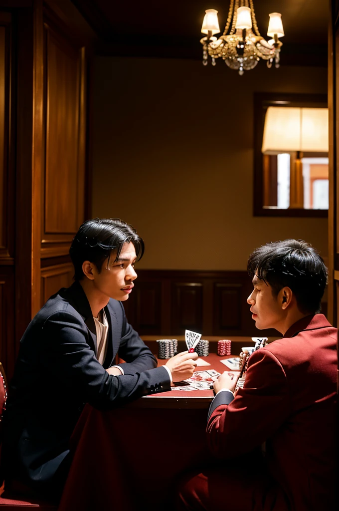  Two (khmer) (cambodian) men sat at a long table，Play cards in a room, Play poker, playing poker in a saloon, , photo still of, poggers, Medium Shot Shot, Medium Shot Shot, production still, high-quality picture, portrait shooting, gentleman, poker card style,Inside the villa，Villa with stairs