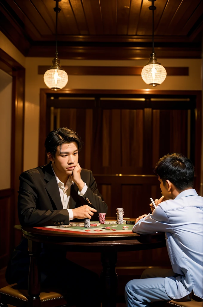 Two (khmer) (cambodian) men sat at a long table,Play cards in a room, Play poker, playing poker in a saloon, , photo still of, poggers, Medium Shot Shot, Medium Shot Shot, production still, high-quality picture, portrait shooting, gentleman, poker card style,Inside the villa,Villa with stairs