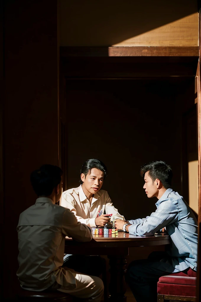  Two (khmer) (cambodian) men sat at a long table，Play cards in a room, Play poker, playing poker in a saloon, , photo still of, poggers, Medium Shot Shot, Medium Shot Shot, production still, high-quality picture, portrait shooting, gentleman, poker card style,Inside the villa，Villa with stairs