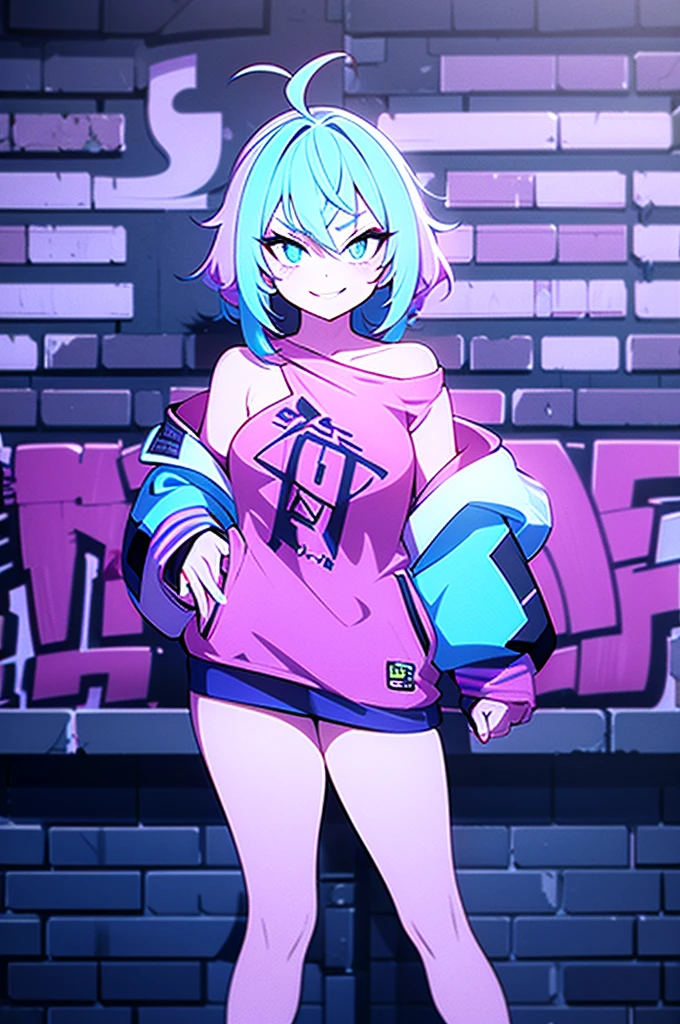 A girl with vibrant, neon-colored hair wears an oversized hoodie with a graffiti-style print, draped seductively off one shoulder. She stands against a brick wall in an alleyway, one leg bent slightly forward, emphasizing her curves. Her playful smirk and confident gaze exude an air of urban allure