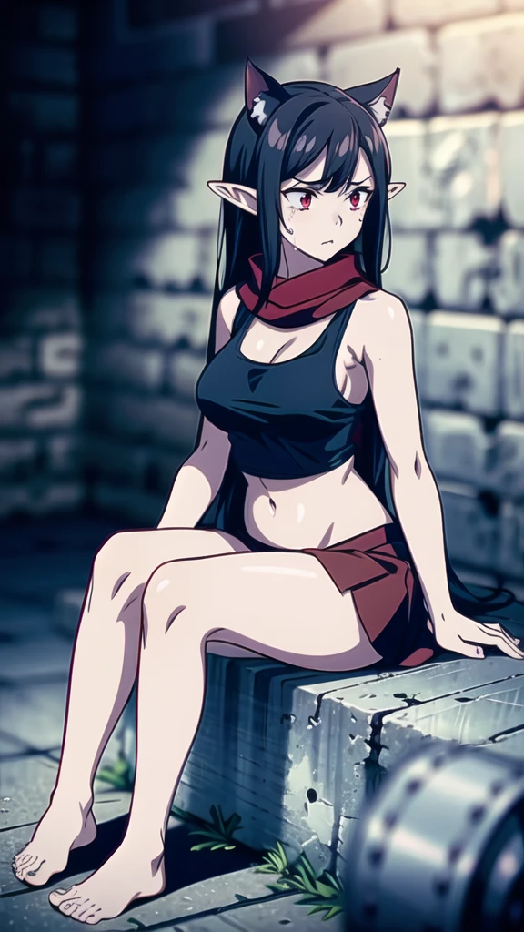 1girl ,20s,show belly,black sleeveless and shoulderless t-shirt,cleavage,slave's torn red skirt,red scarf,bare foots,,medium tits,black hair,long hair,red eyes,elves ears,Cat ears,scared expression,crying, sitting on the floor in a dark and dirty prison saddle