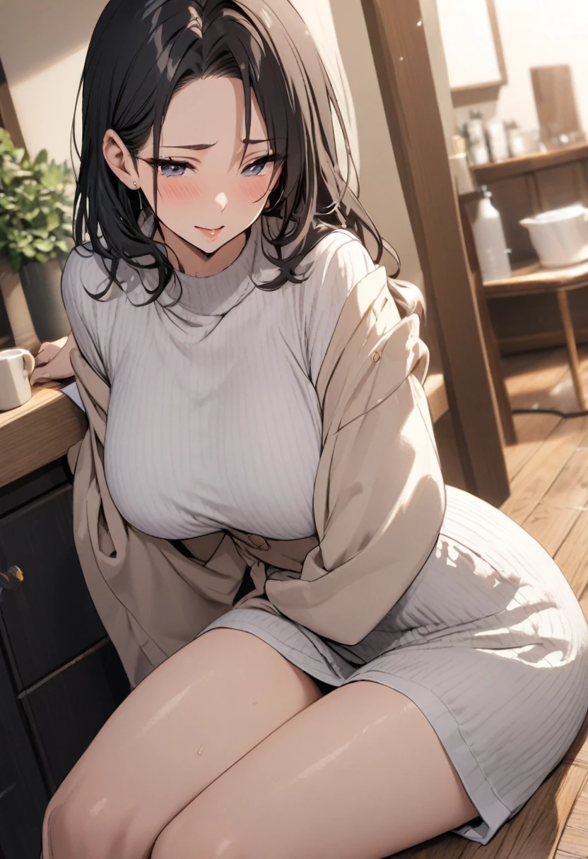 (​masterpiece:1.1)、(top-quality:1.1)、full body Esbian、shorth hair、Good anatomy、(1girl in:1.2)、(detailed faces and eyes:1.25)、orange color hair、brown haired、Brown-eyed、(huge-breasted、thighs thighs thighs thighs、thighs thighs thighs thighs:1.2)、looking at the viewers、a matural female、side locks、Kyoka Tachibana、(White knitted sweater:1.3), (a miniskirt:1.3)、is standing、(A smile:1.3)、red blush、Bare arms、bare elbows、(View from the front:1.5),outside of house、plein air, NSFW