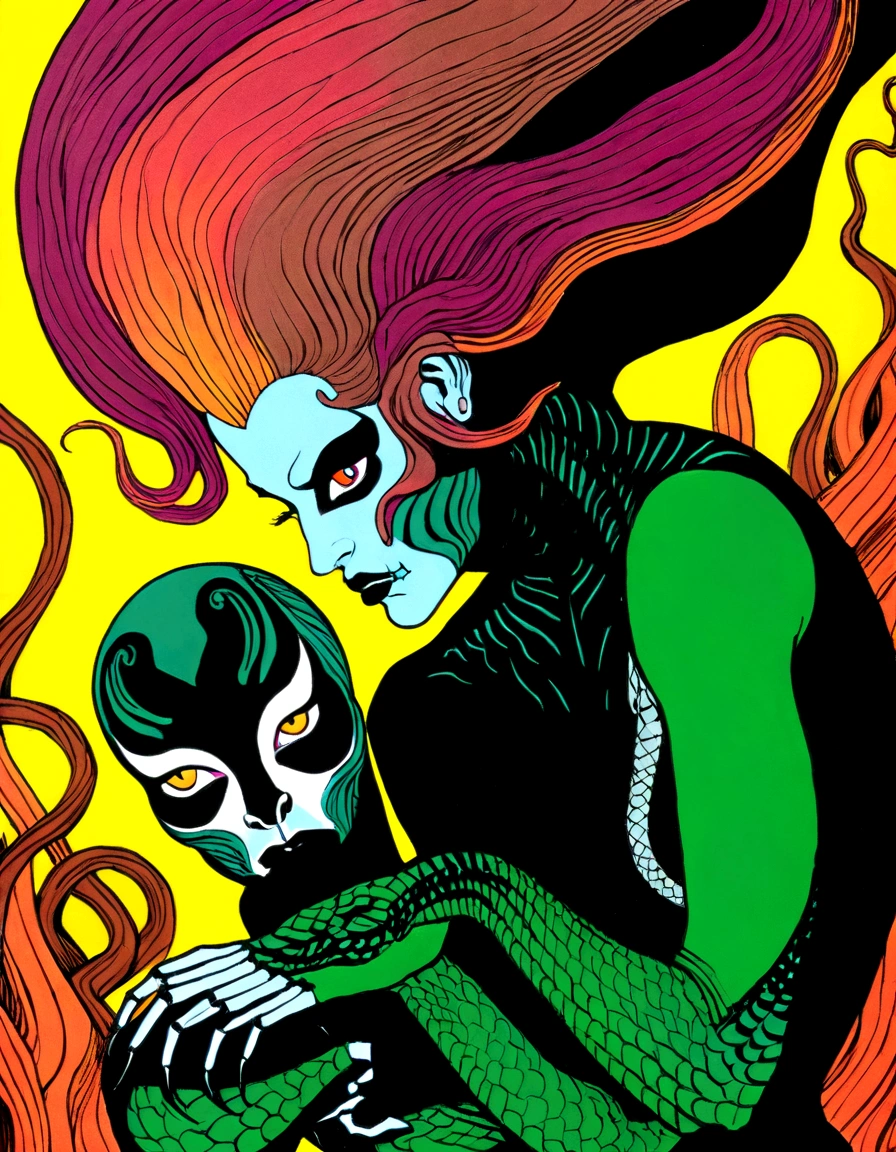 Medusa, splash page decompressed comic cover art, ink style figure,((expressive Joelle Jones and "Sean Gordon Murphy" comic drawing)), wordless, cinematic poster, double exposure, optical illusion, image within image, abyss void black no visibility darkness, full length portrait, (background, pine barrens, entropy, rewilding, magic hour sunset, galaxy stars, cosmos), (horror, abstract, surreal, body, cosmic), candid, snake skin dress, morphology anatomy drawn Frederic Delavier musculature anatomical illustration, (face, ornate black metal corpse paint, resembles Grace Jones), (body, Naga, snakefolk, lower body snake tail, snake woman hybrid, bald, hairless, skeleton, snake skin tattoos, piercing eyes, snake pupils, over the shoulder), (colors, bleak muted deep fiery radiant glowing ROYGBIV, forest green, earth brown), craftsmanship nuance, (Gerardo Zaffino charcoal), subliminal orchids, nyctophobia, silhouette