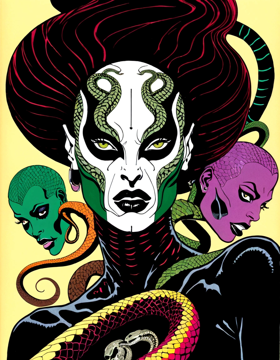 Medusa, splash page decompressed comic cover art, ink style figure,((expressive Joelle Jones and "Sean Gordon Murphy" comic drawing)), wordless, cinematic poster, double exposure, optical illusion, image within image, abyss void black no visibility darkness, full length portrait, (background, pine barrens, entropy, rewilding, magic hour sunset, galaxy stars, cosmos), (horror, abstract, surreal, body, cosmic), candid, snake skin dress, morphology anatomy drawn Frederic Delavier musculature anatomical illustration, (face, ornate black metal ?????? paint, resembles Grace Jones), (body, Naga, snakefolk, lower body snake tail, snake woman hybrid, bald, hairless, skeleton, snake skin tattoos, piercing eyes, snake pupils, over the shoulder), (colors, bleak muted deep fiery radiant glowing ROYGBIV, forest green, earth brown), craftsmanship nuance, (Gerardo Zaffino charcoal), subliminal orchids, nyctophobia, silhouette
