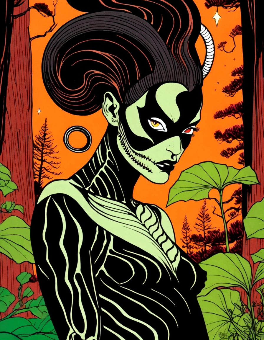 Medusa, splash page decompressed comic cover art, ink style figure,((expressive Joelle Jones and "Sean Gordon Murphy" comic drawing)), wordless, cinematic poster, double exposure, optical illusion, image within image, abyss void black no visibility darkness, full length portrait, (background, pine barrens, entropy, rewilding, magic hour sunset, galaxy stars, cosmos), (horror, abstract, surreal, body, cosmic), candid, snake skin dress, morphology anatomy drawn Frederic Delavier musculature anatomical illustration, (face, ornate black metal corpse paint, resembles Grace Jones), (body, Naga, snakefolk, lower body snake tail, snake woman hybrid, bald, hairless, skeleton, snake skin tattoos, piercing eyes, snake pupils, over the shoulder), (colors, bleak muted deep fiery radiant glowing ROYGBIV, forest green, earth brown), craftsmanship nuance, (Gerardo Zaffino charcoal), subliminal orchids, nyctophobia, silhouette