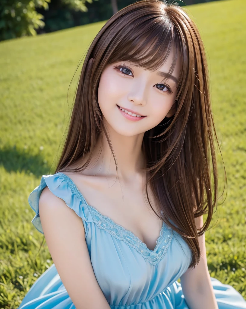 (Highest quality, 32k, High resolution, Masterpiece:1.5), marimo_jet, god々A photograph with brilliant dazzling and healing power., Evoking a sense of calm and elusive beauty, Expressing emotions, Have a rich imagination,Beautiful Japanese Girls, An exceptionally beautiful face, Small Face Beauty, Perfect Human Anatomy, Magical big eyes, Motherhood and generosity, Deep Love, fleeting smile, ((Shiny brown hair:1.1)), Super Long Straight Silk Hair, Asymmetrical bangs, Hair between the eyes, Transparent, soft white skin, Sharp eyebrows, Thin lashes, Natural Makeup, Cheek highlighter, Pale pink detailed lips, ((Blue dress:1.2)), High resolutionの完璧な鎖骨, High resolutionの美しい胸元, Slim figure with ample breasts, High resolutionの美しい太もも, Beautiful legs, ((On the hill in spring:1.3)), Sitting on a green meadow, ((Absolute area:1.6)), Dazzling sunlight, blue sky, White cloud, Professional Lighting, Professional photographer, Professional models, god秘的