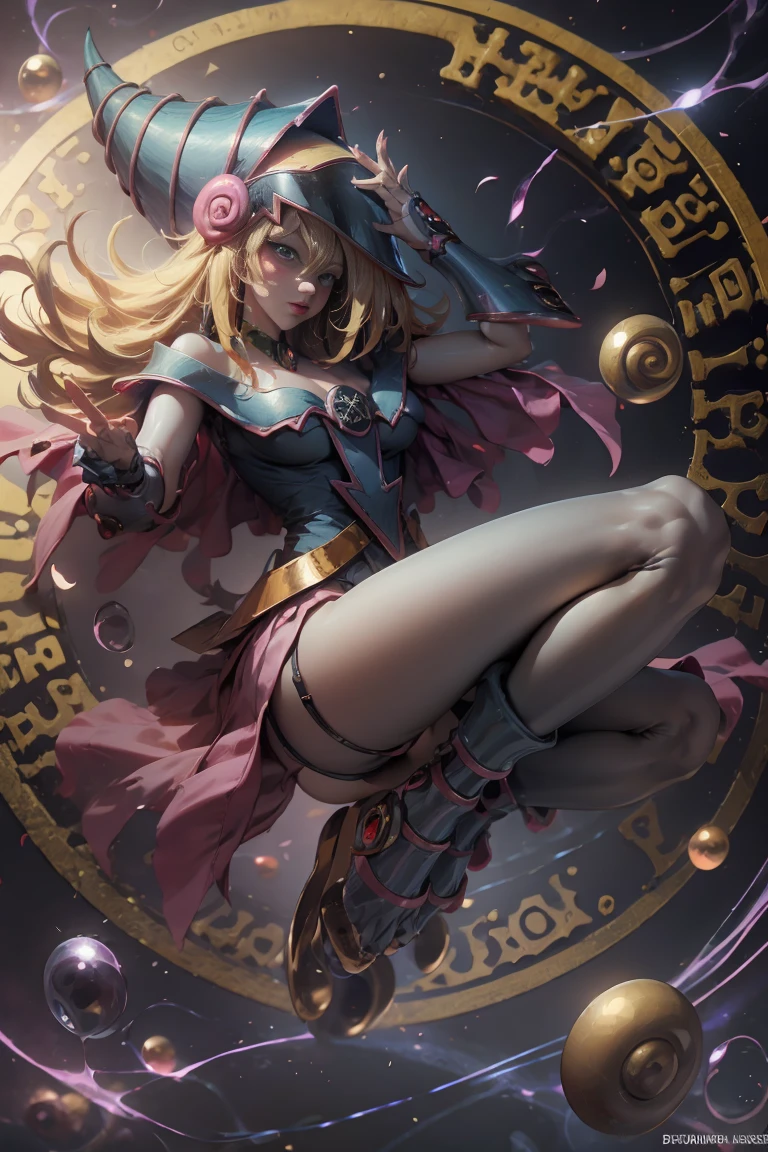 DarkDark magician gils, with high-heels. pants,  sexy, Subjective and sensual pose. Long blonde hair. blue eyes. Red lips. Levitating above a circle of magic. . 