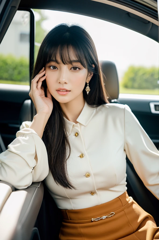Assistant seat、Inside the car at the driving school, driving school instructor, ((full body)), ((photo)), ((best qualtiy, 8K, tmasterpiece:1.3)), Focus:1.2, perfect figure beautiful girl:1.4, 1girl, cowboy shot, look at viewer, incredibly absurd, beautiful and cute girl with a photorealistic face, showcasing top-quality craftsmanship, A Japanese woman sitting in the passenger seat of a car at a driving school, 22 years old, has long, shiny, straight black hair, long bangs cut above her eyes as see-through bangs, large, dark eyes, long eyelashes, cat-like eyes with slightly upturned corners, well-defined eyebrows, double eyelids, straight nose, thin lips but a healthy, natural red color, well-aligned teeth, sharp jawline, fair, clear skin, smooth skin, long limbs, tall, slender, well-balanced proportions, beautiful C-cup breasts, wearing a white blouse with a black tight skirt and a beige jacket over it. The skirt is knee-length, an elegant and chic outfit, a single diamond earring in her left ear, and a slim gold ring on her middle finger on her right hand, a beautiful older woman, beautiful, neat, serious, responsible, ???, April
