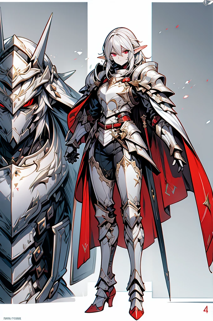 male elf knight, full body art, silver hair, white skin, red iris eye, knight full plate adorned armor, silver cape, perfectly detailed