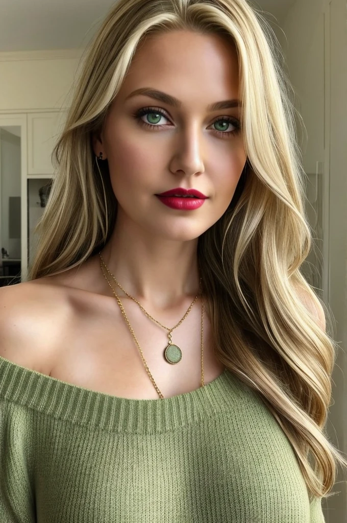 1girl in, age36, Solo, Long hair, Colossal , Looking at Viewer, blondehair, Bare shoulders, green eyes, jewely, Full body, a necklace, off shoulders, Sweaters, Realistic, A sexy, red bright lips, full growth, big breast