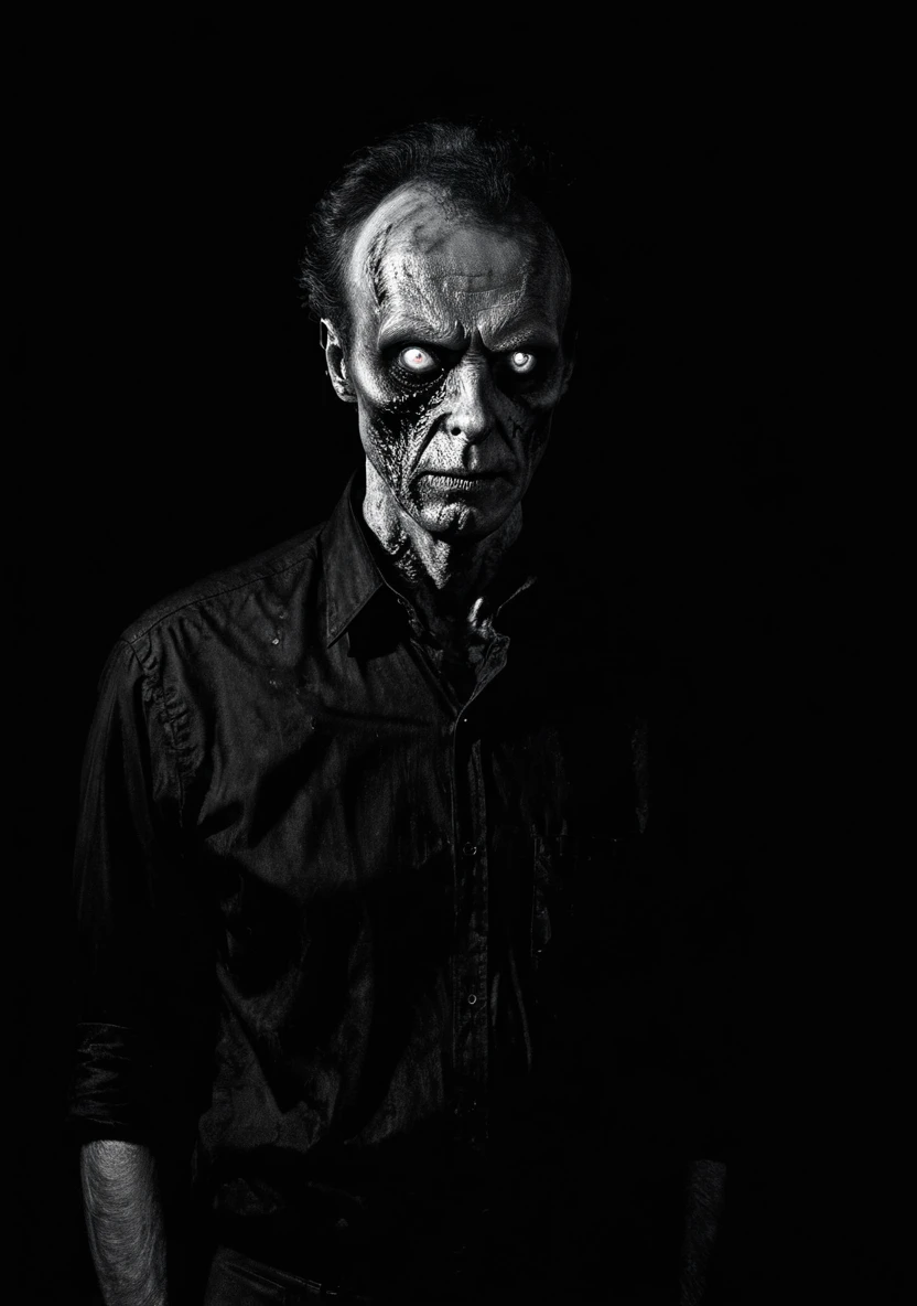 A single Zombie James Watson man black olo shirt in the dark on the room glowing eyes black and white image