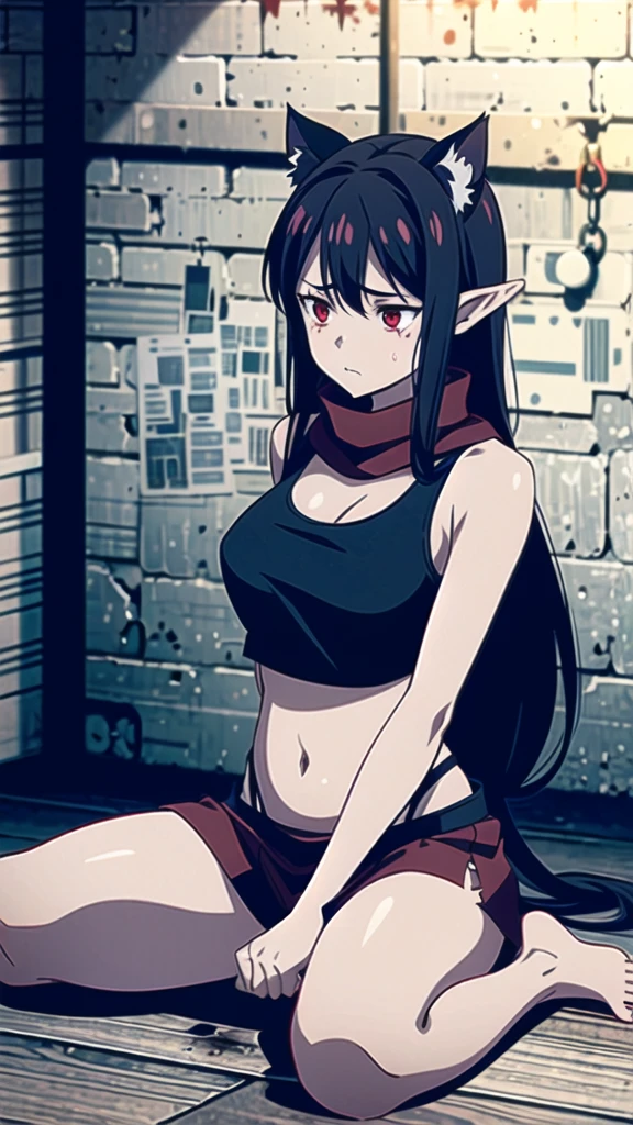 1girl ,20s,show belly,black sleeveless and shoulderless t-shirt,cleavage,slave's torn red skirt,red scarf,bare foots,,medium tits,black hair,long hair,red eyes,elves ears,Cat ears,scared expression,crying, sitting on the floor in a dark and dirty prison saddle