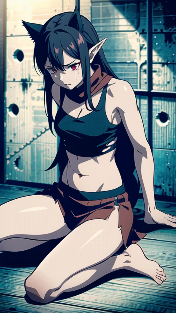 1girl ,20s,show belly,black sleeveless and shoulderless t-shirt,cleavage,slave's torn red skirt,red scarf,bare foots,,medium tits,black hair,long hair,red eyes,elves ears,Cat ears,scared expression,crying, sitting on the floor in a dark and dirty prison saddle