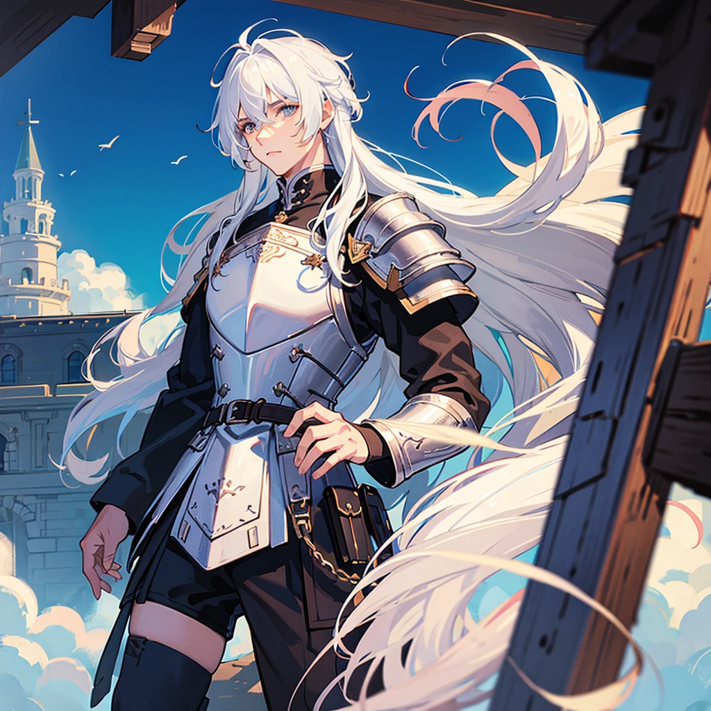 A young man in armor,big white hair,brawny
