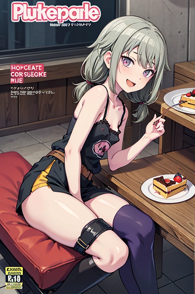 (small breasts:1.2), (perky chest:1.2), (pointed chest:1.2), (Pudding cake magazine cover:1.3),(from above:1.0),(shoot from the side:1.1),masterpiece, 1girl, Amazing Cleavage:1.1, thin waist, optimum,tmasterpiece,hight resolution,best qualtiy,hyper HD,super detailing,awardwinning,a 18yo cute girl,(The upper part of the body),anatomy correct,Beautiful Black miniskirt,garters,Gaze,Small face,bangss,holster,Beautuful Women,hands up,leg holster,Gaze,black boots,Cowboy Shot,cute face,a blond,Longhaire,Twin-tailed,Braids, Hairline,(scarlet eyes),long eyelasher,Hanging eye corners,White skin of the, ((see through camisole:1.1)), ((Sheer nipples:1.0)),Rocket Tits,(Slim body),smile,seductive weak smiling,(with sparkling eyes and a contagious smile),little open mouth, Looking at Viewer,