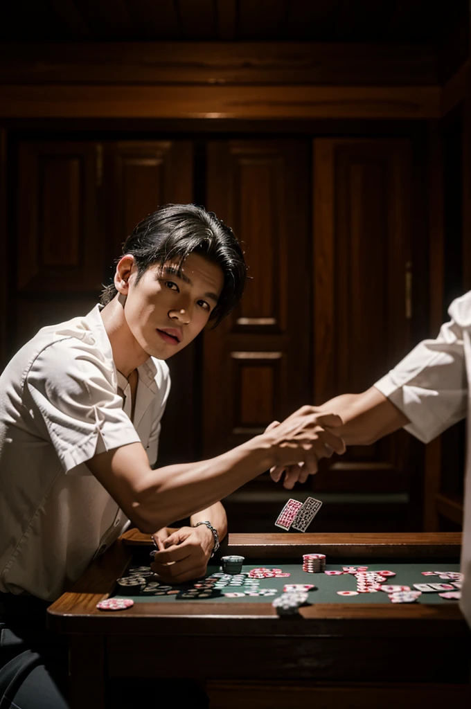 Two (khmer) (cambodian) men fighting on a with thugs long table,Play cards in a room, Play poker, playing poker in a saloon, , photo still of, poggers, Medium Shot Shot, Medium Shot Shot, production still, high-quality picture, portrait shooting, gentleman, poker card style,Inside the villa,Villa with stairs