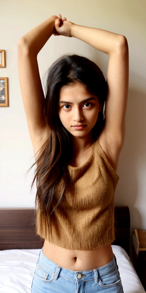 there is a woman that is standing up with her arms behind her head, armpit, she is about , hairy arms, flat chested, with arms up, posing in a bedroom, she is about 2 0 years old, she is about 20 years old, indian girl with brown skin, her skin is light brown