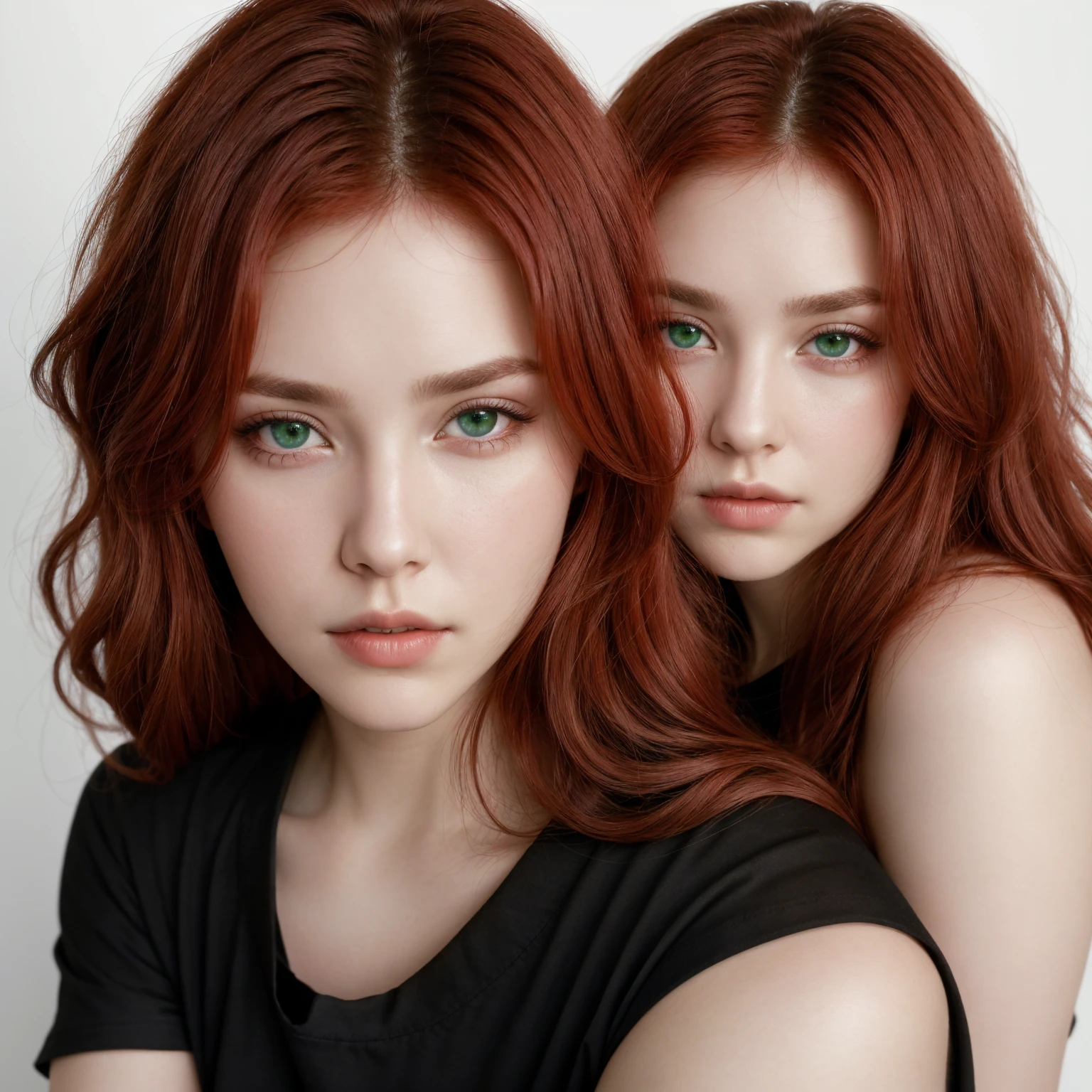 front view, looking at camera, RAW photo,((black shirt:1.2)), ((portrait)),beautiful red hair 30 years old woman, green eyes, perfecteyes eyes, ((white background:1.2)), studio lighting, high quality, film grain, Fujifilm XT3, centralized