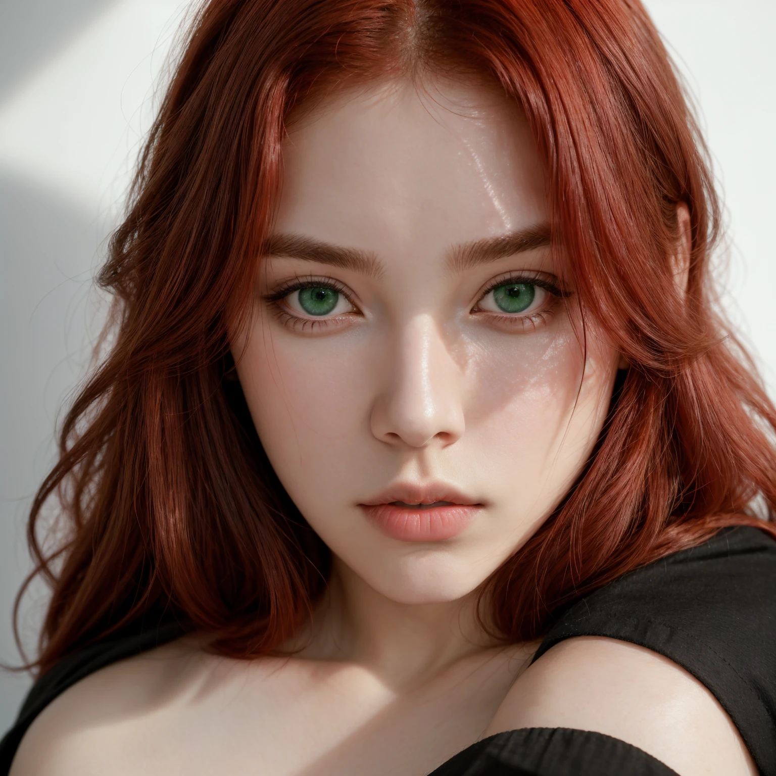 front view, looking at camera, RAW photo,((black shirt:1.2)), ((portrait)),beautiful red hair 30 years old woman, green eyes, perfecteyes eyes, ((white background:1.2)), studio lighting, high quality, film grain, Fujifilm XT3, centralized