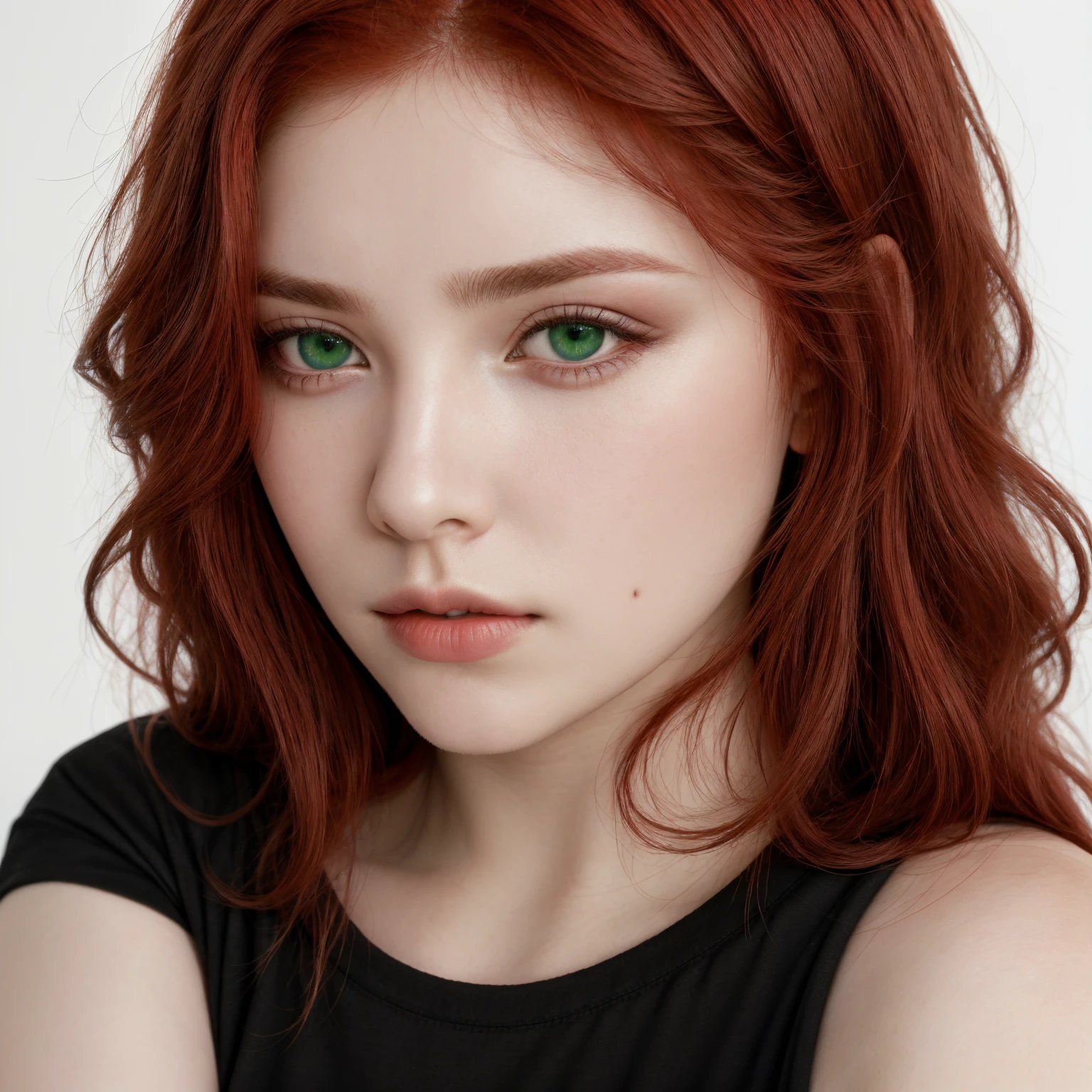 front view, looking at camera, RAW photo,((black shirt:1.2)), ((portrait)),beautiful red hair 30 years old woman, green eyes, perfecteyes eyes, ((white background:1.2)), studio lighting, high quality, film grain, Fujifilm XT3, centralized