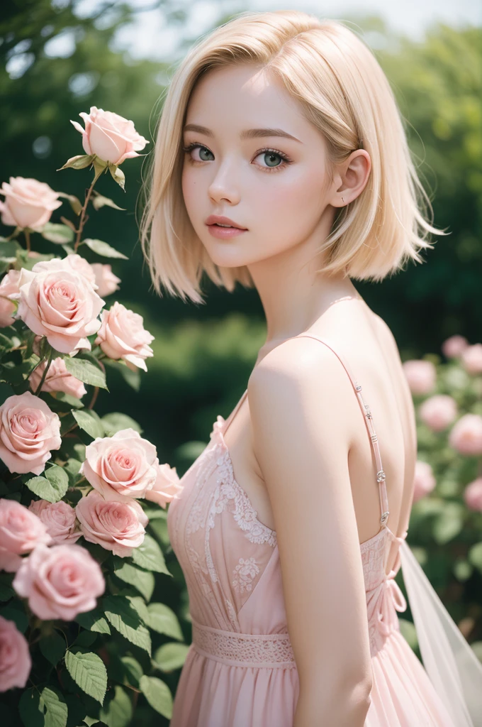 8K, CRU photo, Fujifilm, style photo of a beautiful young woman like Avril in a light pink rose garden (highly detailed skin: 1.2) Style-Petal BREAK short hair, blonde hair with colored highlights, wearing a dress, film grain, 35mm, cute style