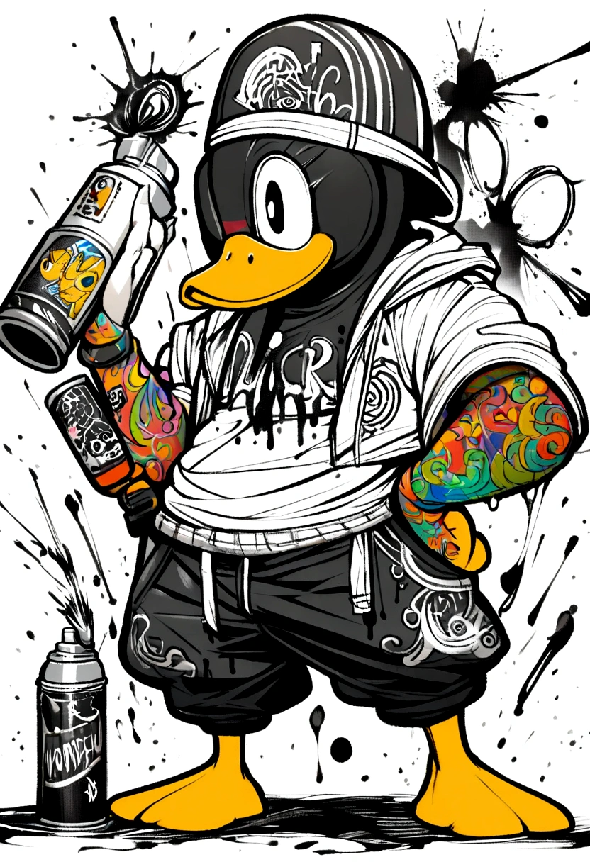 hip hop, gangster duck, music, spray, ink, black and white