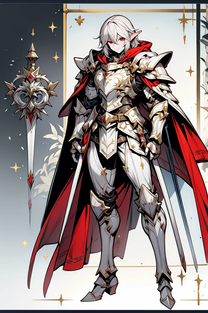 male elf knight, full body art, silver hair, white skin, red iris eye, knight full plate adorned armor, silver cape, perfectly detailed