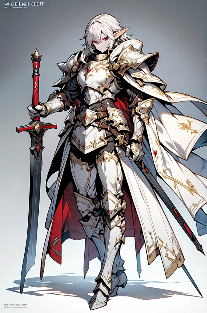 male elf knight, full body art, silver hair, white skin, red iris eye, knight full plate adorned armor, silver cape, perfectly detailed