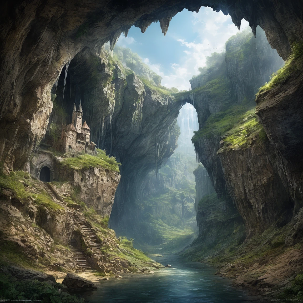 (best quality)), ((masterpiece)), ((realistic,digital art)), (super detailed), gigantic cave in a cliff, ancienne mine naine, (medieval fantasy style), view from the ground
