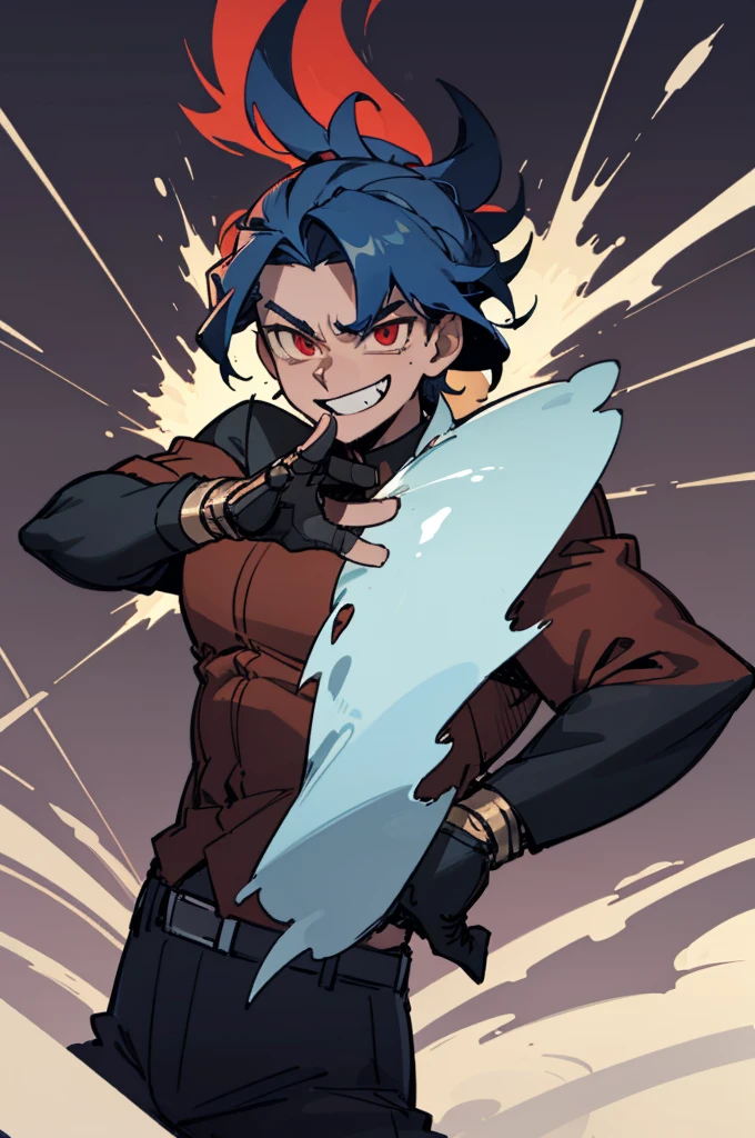 Male, man, masculine, muscular, , uniform, brown and black uniform, excited, fighting stance, high quality, simple background, smiling, sharp eyes, dark red eyes, deep blue hair, fightugg by position