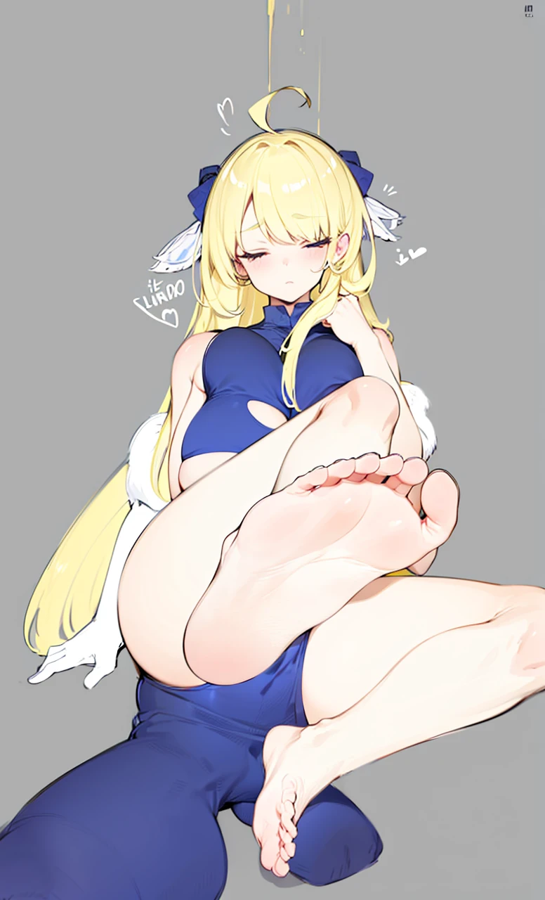 Regenerate, long blonde hair, sleeveless, big , thick thighs, sitting on the floor showing foot