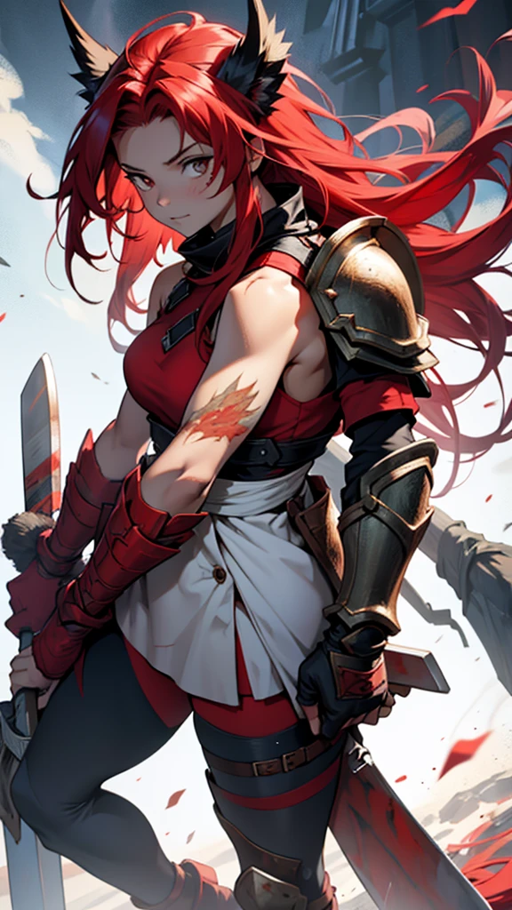 Red-haired girl with shoulder-length hair with partially destroyed armor, a little injured wielding an ax imbued with red magic on top of a chimera that it just defeated 