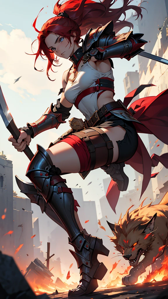 Red-haired girl with shoulder-length hair with partially destroyed armor, a little injured wielding an ax imbued with red magic on top of a chimera that it just defeated