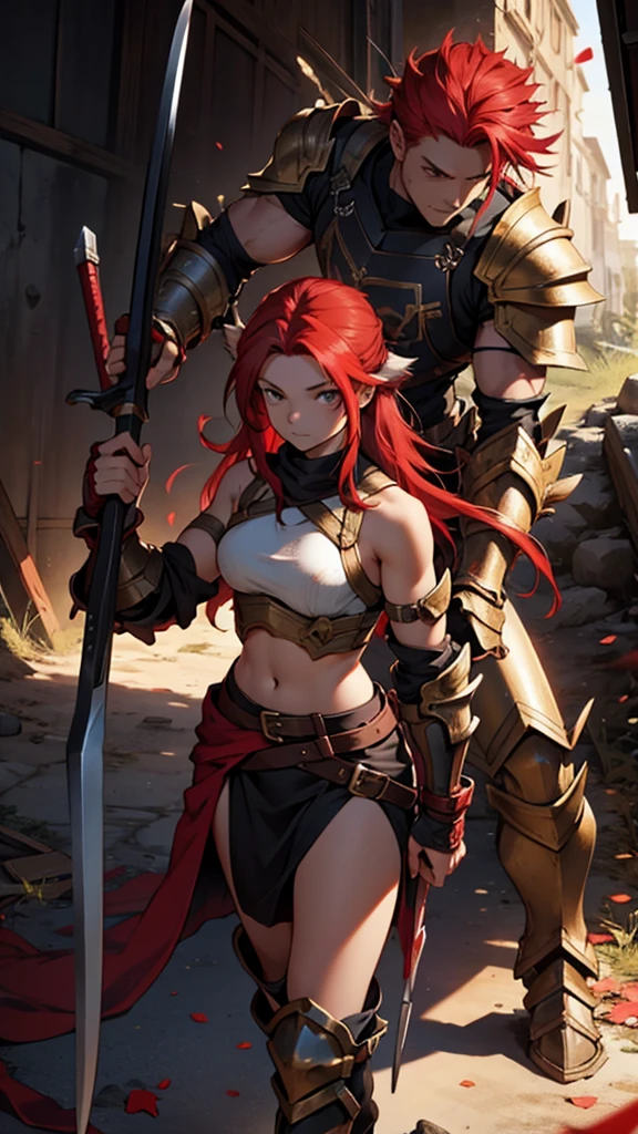 Red-haired girl with shoulder-length hair with partially destroyed armor, a little injured wielding an ax imbued with red magic on top of a chimera that it just defeated 