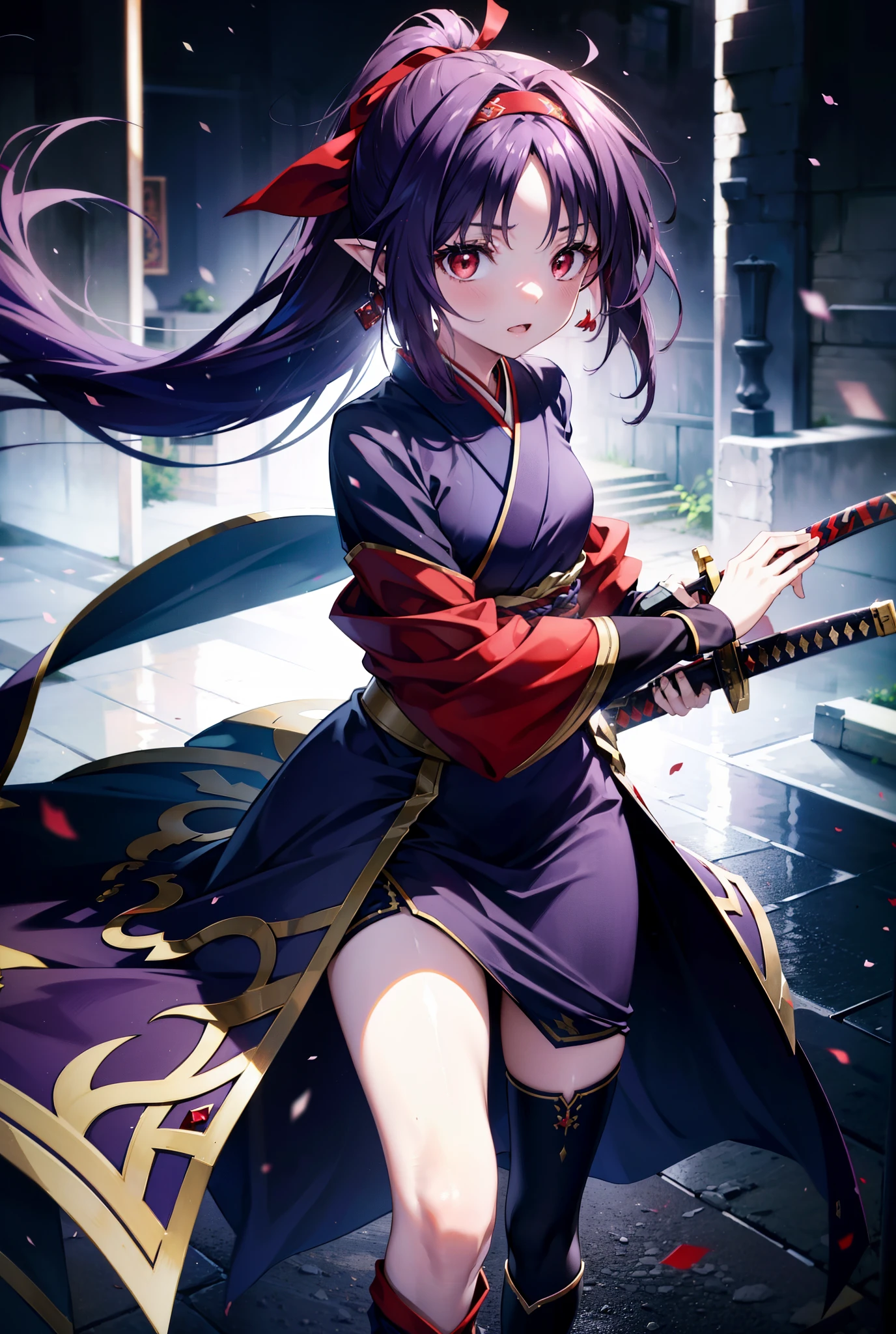 yuukikonno, Yuki Konno, hair band, Long Hair, Pointy Ears,ponytail, Purple Hair, (Red eyes:1.5), (Small breasts:1.2), Open your mouth,Purple kimono,Red long skirt,boots,Hold the sword grip with both hands,Battoujutsu,
break looking at viewer, Upper Body, whole body,
break outdoors, Medieval European streets,
break (masterpiece:1.2), Highest quality, High resolution, unity 8k wallpaper, (shape:0.8), (Narrow and beautiful eyes:1.6), Highly detailed face, Perfect lighting, Extremely detailed CG, (Perfect hands, Perfect Anatomy),
