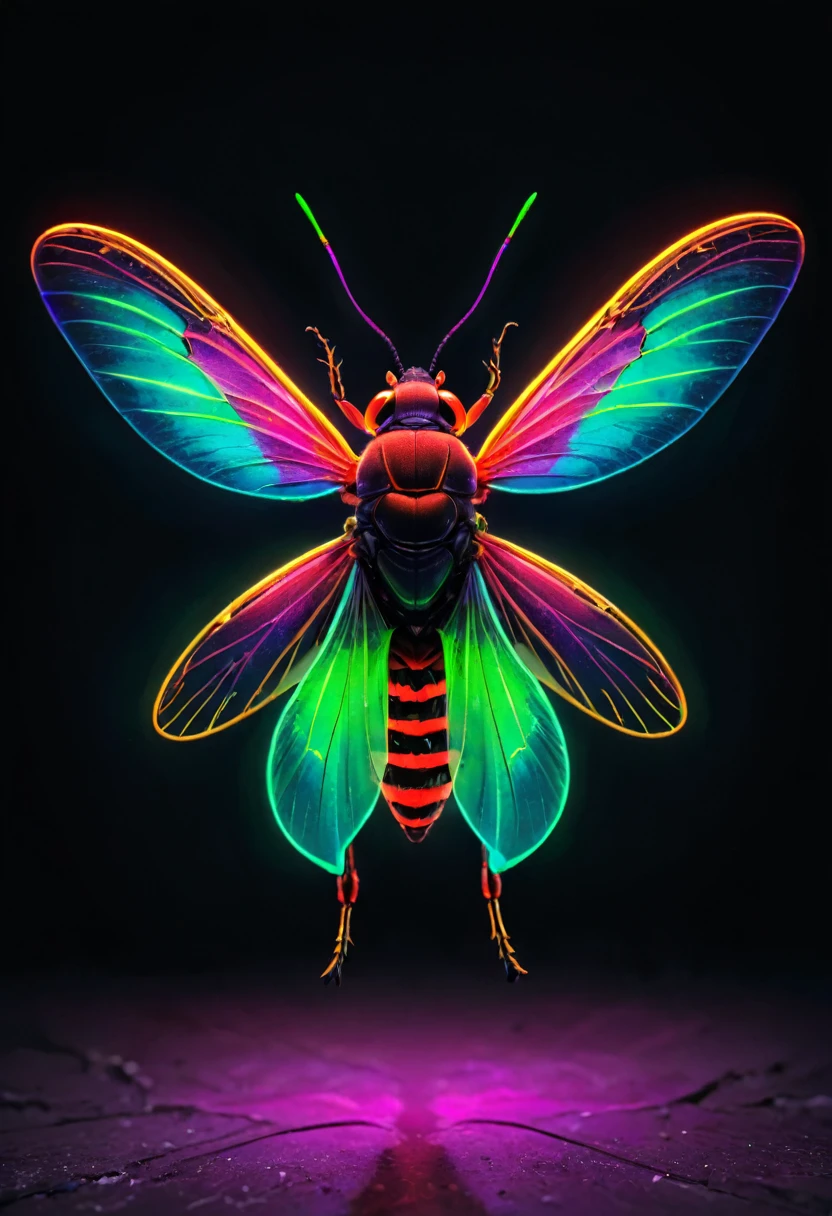 Neon colored insect, spreading its wings to fly.
