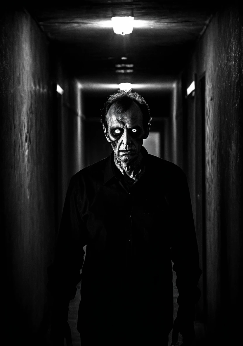 A single Zombie James Watson man black olo shirt in the dark on the corridor glowing eyes black and white image