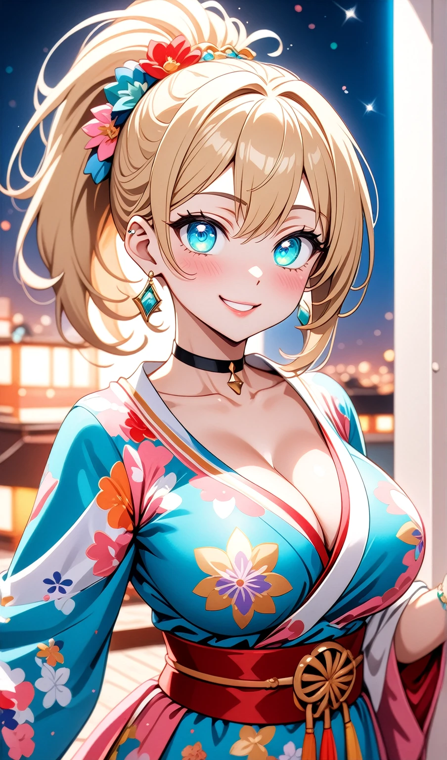 ((One personの女性)), Beautiful Face, ((smirk)),((Wink:1.9)), head tilt, Laugh with your mouth wide open,((Bright red cheeks:1.4)),Shiny red lips,night,rooftop,You can see the ocean, firework,Laughing with your mouth open,Glossy pink lips,Facial lighting,((Anime style background)),masterpiece, Highest quality, so beautiful,up to date, Complex details, (Pink long nails),(ring),(bracelet),(choker),AI-generated, Complex,High resolution, Highest quality, super high quality,3D Images、3D Images,One person,Long blonde hair,High Ponytail,(turquoise blue eyes),Anime woman posing for a photo, ((Fine grain、Colorful eyes on white、Shining Eyes:1.3)),(Squint your eyes:1.1),a hyperRealistic , hyperRealistic , Realistic,Anime woman with long white hair, Smooth anime CG art, A woman in a colorful kimono with gold embroidery, (Pink long sleeve kimono),Red floral pattern,Long flower hair ornament,Earrings,Mature Body,(Big Breasts:1.1),Tall,Abdominal muscles,Tight waist,(Zoom up to face:1.6),