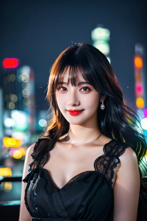 (a gorgeous japanese lady, Age 18, wearing a translucent black fashion dress, posing like a boss under Tokyo night sky, soft natural moonlight shines, slender figure with ample round bosom, fair skin, beautiful detailed face, detailed eyes, devilish smile 😈 , aegyo dimples, kawaii snaggle-tooth,(best quality,8K,highres,masterpiece:1.2),ultra-detailed,(realistic,photorealistic,photo-realistic:1.37),HDR,uhd,vivid colors,studio lighting,extremely detailed,professional, high angle camera, focused shot on bosom, bokeh night background)