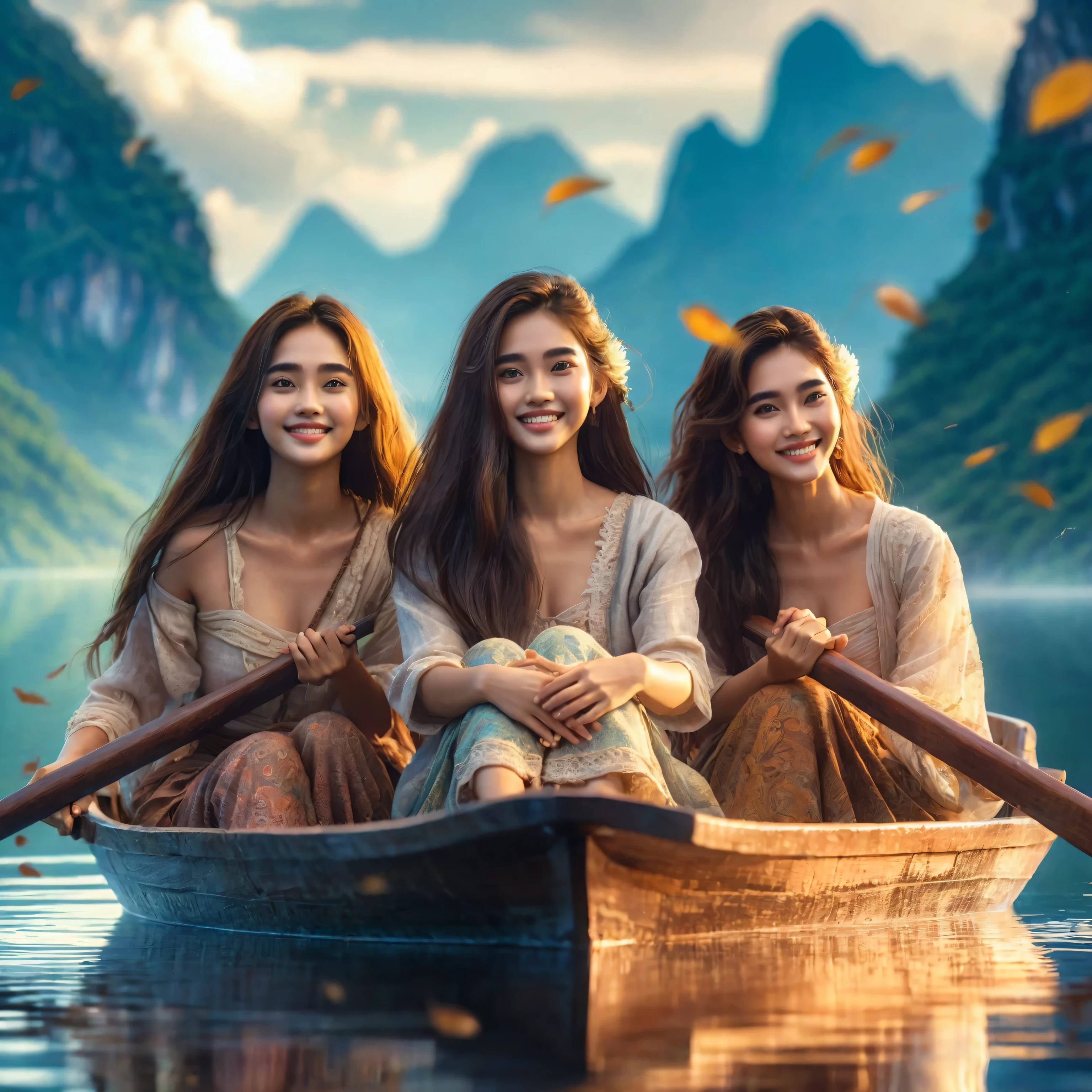 friendship movie poster, stunning surreal depiction design, focus on faces, three beautiful young Thai women with long hair, wearing rustic clothes, harmonious friendship, they are happy, smiling, they are in a wooden boat rowing on a paradise lake beautiful with reflection, perfect face, hands and feet, stunning view of the lake and hills of paradise, blue sky, falling leaves, looks like a movie, Taken using Sony Alpha α7CR, UHD 1536px, high quality.