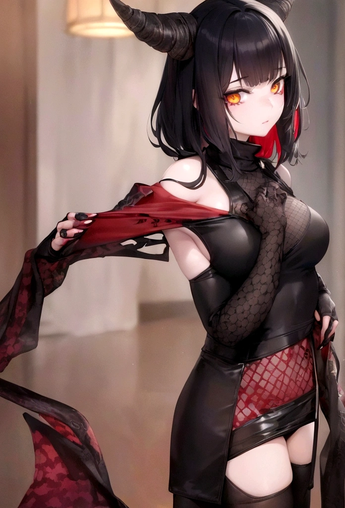 A demonic girl with red skin and black and white spots all over her body, wearing a long dark gray off-shoulder sweater, with yellow eyes, fantasy anime style, dark wine red short hair, short cafe setting, goat legs, best quality, 4k, 8k, highres, masterpiece:1.2, ultra-detailed, realistic, photorealistic, photo-realistic:1.37, HDR, UHD, studio lighting, ultra-fine painting, sharp focus, physically-based rendering, extreme detail description, professional, vivid colors, bokeh, dark fantasy, anime style.