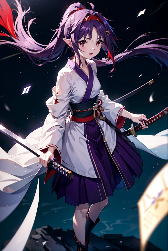 yuukikonno, Yuki Konno, hair band, Long Hair, Pointy Ears,ponytail, Purple Hair, (Red eyes:1.5), (Small breasts:1.2), Open your mouth,Purple kimono,Red long skirt,boots,Hold the sword grip with both hands,Battoujutsu,
break looking at viewer, Upper Body, whole body,
break outdoors, Medieval European streets,
break (masterpiece:1.2), Highest quality, High resolution, unity 8k wallpaper, (shape:0.8), (Narrow and beautiful eyes:1.6), Highly detailed face, Perfect lighting, Extremely detailed CG, (Perfect hands, Perfect Anatomy),