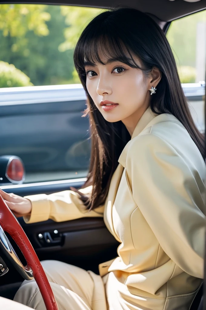 Assistant seat、Inside the car at the driving school, driving school instructor, ((full body)), ((photo)), ((best qualtiy, 8K, tmasterpiece:1.3)), Focus:1.2, perfect figure beautiful girl:1.4, 1girl, cowboy shot, look at viewer, incredibly absurd, beautiful and cute girl with a photorealistic face, showcasing top-quality craftsmanship, A Japanese woman sitting in the passenger seat of a car at a driving school, 22 years old, has long, shiny, straight black hair, long bangs cut above her eyes as see-through bangs, large, dark eyes, long eyelashes, cat-like eyes with slightly upturned corners, well-defined eyebrows, double eyelids, straight nose, thin lips but a healthy, natural red color, well-aligned teeth, sharp jawline, fair, clear skin, smooth skin, long limbs, tall, slender, well-balanced proportions, beautiful C-cup breasts, wearing a white blouse with a black tight skirt and a beige jacket over it. The skirt is knee-length, an elegant and chic outfit, a single diamond earring in her left ear, and a slim gold ring on her middle finger on her right hand, a beautiful older woman, beautiful, neat, serious, responsible, kid, April