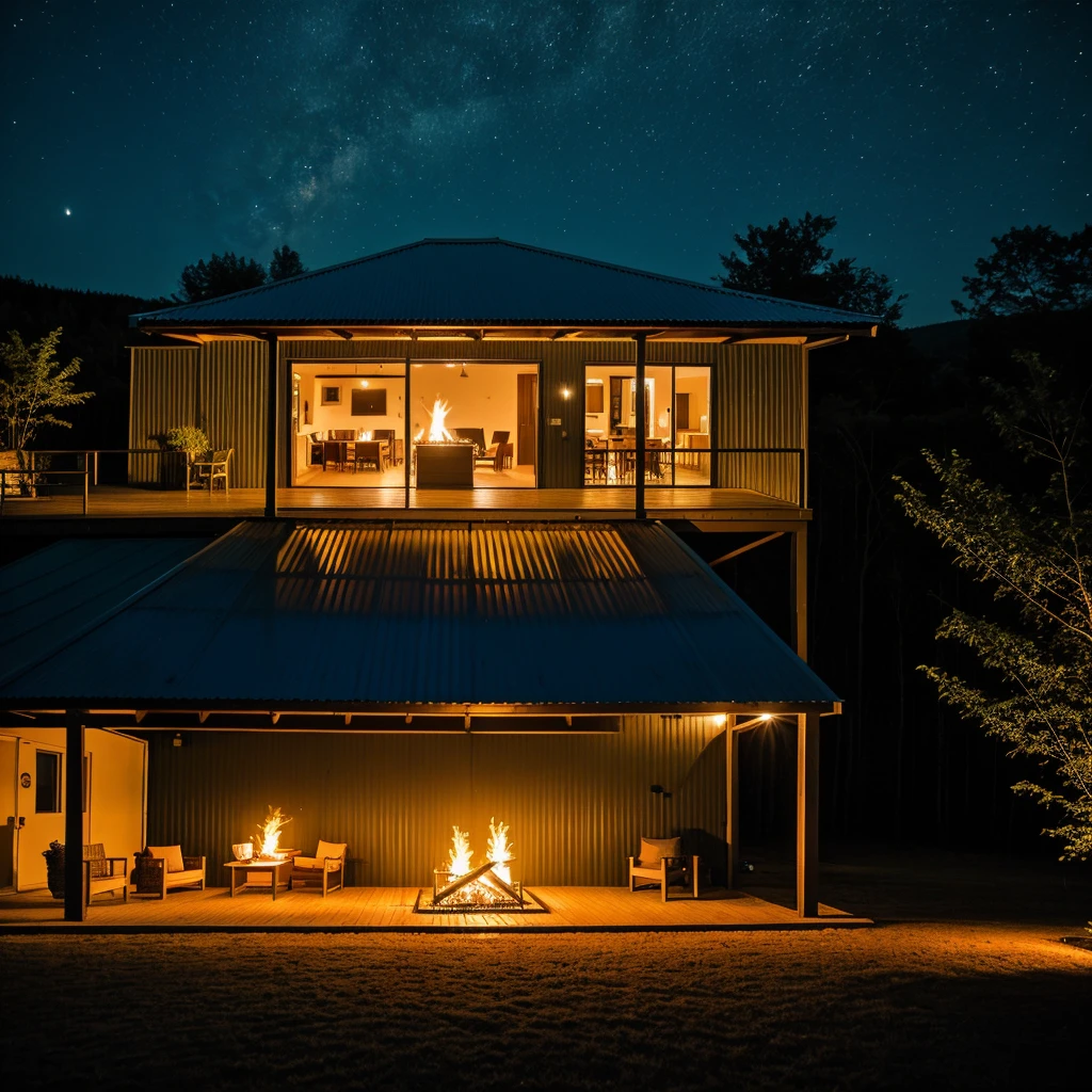 house with metal sheet roof with bonfire at night