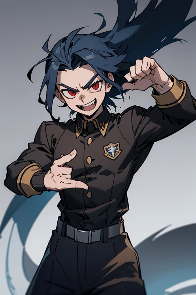 Male, man, masculine, muscular, , uniform, brown and black uniform, excited, fighting stance, high quality, simple background, smiling, sharp eyes, dark red eyes, deep blue hair, fighting position, guy, dude
