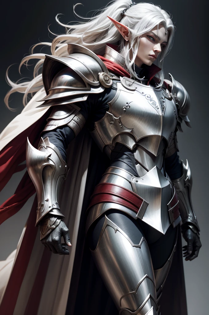 male elf knight, full body art, silver hair, white skin, red iris eye, knight full plate adorned armor, silver cape, perfectly detailed