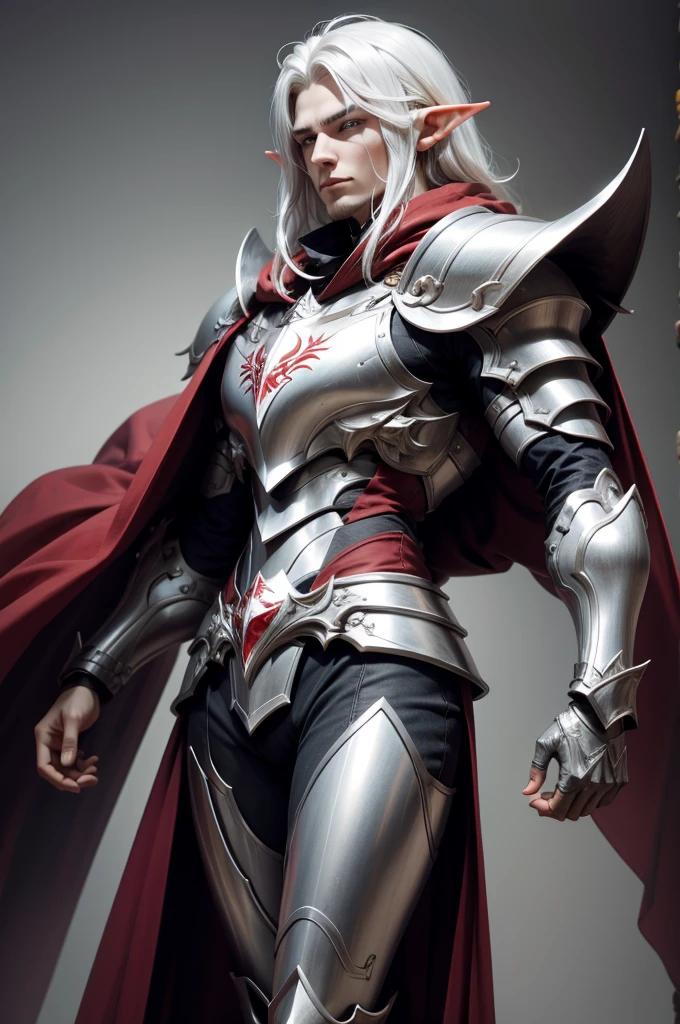 male elf knight, full body art, silver hair, white skin, red iris eye, knight full plate adorned armor, silver cape, perfectly detailed