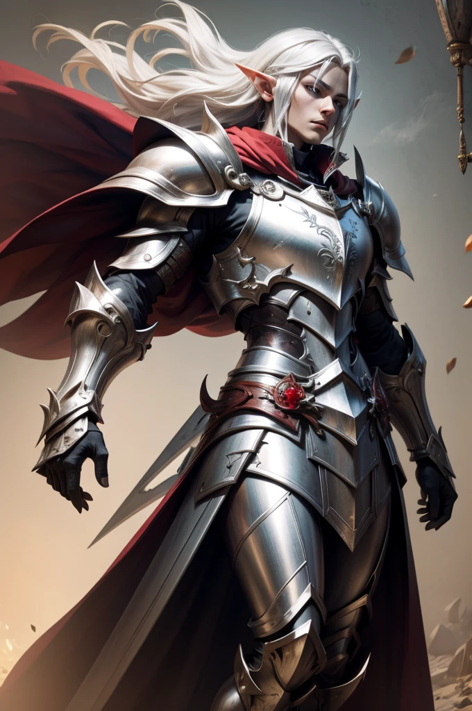 male elf knight, full body art, silver hair, white skin, red iris eye, knight full plate adorned armor, silver cape, perfectly detailed